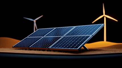 Sustainable Power:  A close-up view of solar panels in a desert landscape, illuminated by the warm glow of the setting sun. The image symbolizes the future of energy.