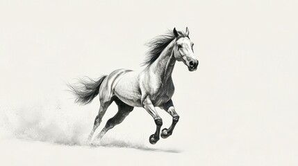 A grey horse running with its mane and tail flowing in the wind