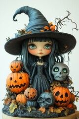 Adorable Halloween Witch Figures with Pumpkins and Skulls - Festive Fantasy Collection