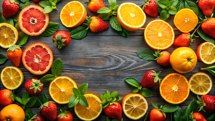 Summer fruit background with oranges, strawberries, and plants, summer, fruit, background, oranges, strawberries, plants