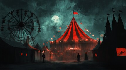A mysterious carnival at night featuring a large red-striped tent and a silhouetted Ferris wheel under a glowing full moon