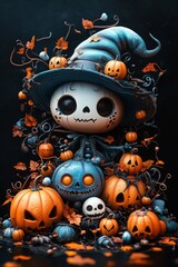 Adorable Halloween Witch Figures with Pumpkins and Skulls - Festive Fantasy Collection