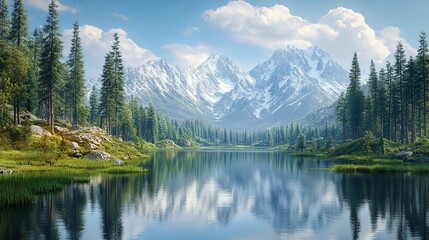 Serene Mountain Lake with Snow-capped Peaks and Evergreen Trees