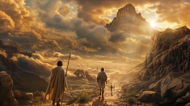 Adventurers walking towards a towering mountain at sunset with a golden sky and rocky landscape, epic journey