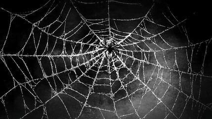 Obraz premium black and white photograph of an intricate spider web set against a misty nighttime background