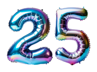 Number 25 made of holographic balloon on transparent background PNG