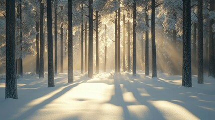 A peaceful winter forest with tall trees casting long shadows on the snow-covered ground, with soft light filtering through the branches.