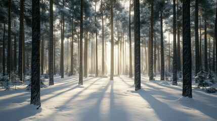 A peaceful winter forest with tall trees casting long shadows on the snow-covered ground, with soft light filtering through the branches.