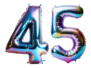 Number 45 made of holographic balloon on transparent background PNG