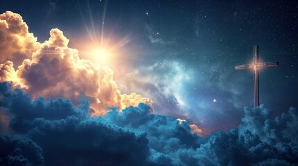 Fototapeta premium Cross illuminated by starlight and glowing clouds, with a peaceful night sky full of cosmic beauty