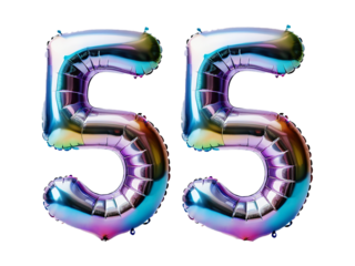 Number 55 made of holographic balloon on transparent background PNG