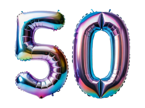 Number 50 made of holographic balloon on transparent background PNG