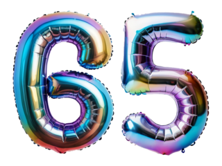 Number 65 made of holographic balloon on transparent background PNG