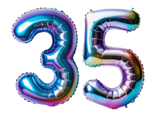 Number 35 made of holographic balloon on transparent background PNG