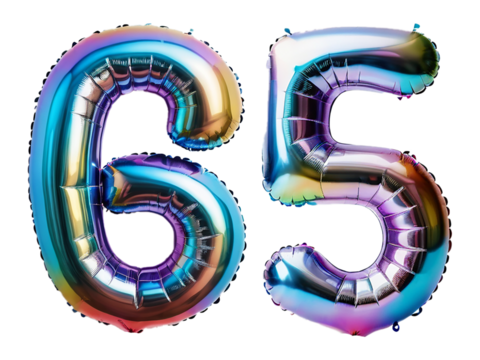 Number 65 made of holographic balloon on transparent background PNG - Powered by Adobe