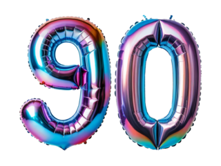 Number 90 made of holographic balloon on transparent background PNG