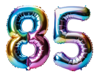 Number 85 made of holographic balloon on transparent background PNG