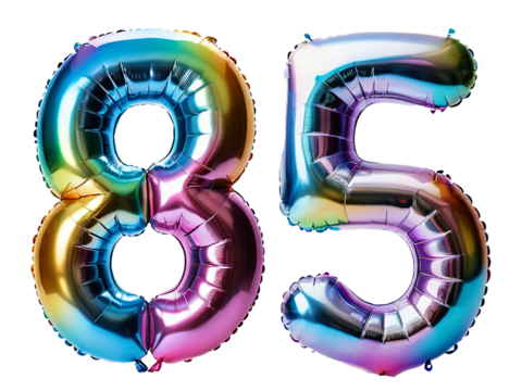 Number 85 made of holographic balloon on transparent background PNG
