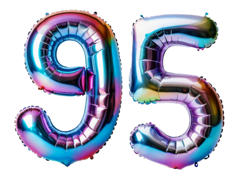 Number 95 made of holographic balloon on transparent background PNG