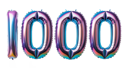 Number 1000 made of holographic balloon on transparent background PNG