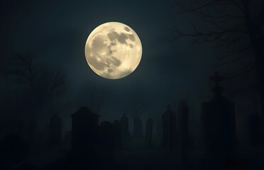 Photograph close to an abandoned and ruined cemetery with a huge full moon. Fog, smoke, dark tones, night time, moonlight and dark shadows.