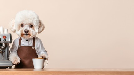 Adorable dog barista serving coffee at a stylish cafe counter.