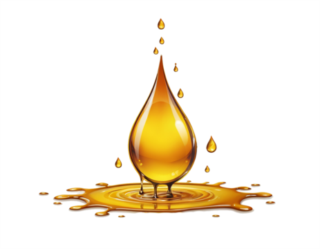 Golden color oil liquid drop falling on transparent background. Golden oil splash. Clipping path