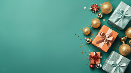 Top view of gifts, bows and Christmas decorations on a teal background
