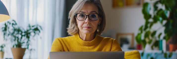 A woman in a yellow sweater is sitting at a desk with a laptop in front of her. She is wearing glasses and she is focused on her work. The room has a cozy atmosphere with a potted plant
