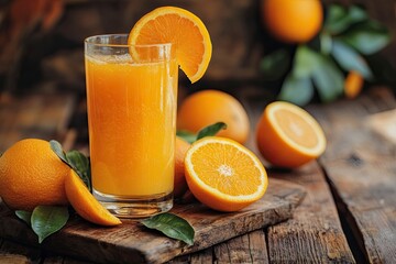 Fresh orange juice on wood background - healthy drink witth generative ai