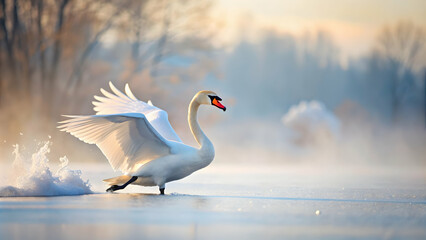 Obraz premium Elegant swan gracefully gliding through a serene snowy landscape , winter, waterfowl, nature, white, cold, graceful, beautiful