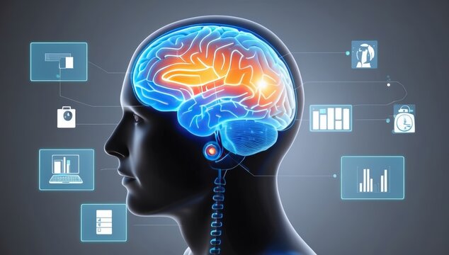 Graphic representation of artificial intelligence using a human brain and icons