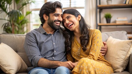 Obraz premium A young Desi couple laughing and cuddling together on a couch.