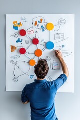 A person engages in brainstorming and planning with colorful charts and diagrams on a wall, showcasing creativity and teamwork in an office environment.