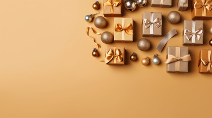 Fototapeta premium Top view of gifts, bows and Christmas decorations on a tan background