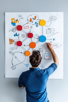 A person engages in brainstorming and planning with colorful charts and diagrams on a wall, showcasing creativity and teamwork in an office environment.