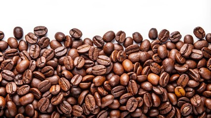 Fototapeta premium Roasted coffee beans forming a bottom border on a white background, perfect for coffee themed designs