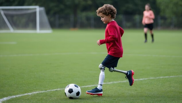 Young boy with prosthetic legs participates in a soccer match, demonstrating courage and ability while playing with friends - Powered by Adobe
