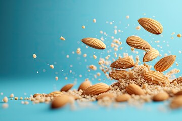 Fototapeta premium Almonds and almond flour on blue. Perfect for packaging, recipes, or articles about healthy snacking.