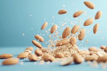 Almonds falling into a pile. Perfect for food, health, and diet content.
