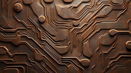 Smooth circuit designs carved into a muted background with subtle detail