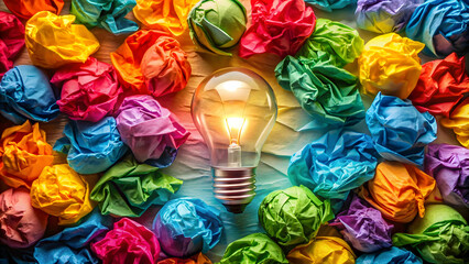Obraz premium Creative lightbulb idea surrounded by colorful crumpled paper , innovation, brainstorming, creativity, inspiration, imagination