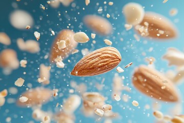 Almonds falling in mid-air. This image is perfect for promoting healthy snacks, recipes, or any food-related business.