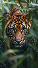 Fototapeta premium 38. A fierce tracker navigating through dense underbrush, eyes keen and focused