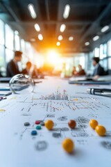 A vibrant business meeting scene showcasing professionals analyzing data charts and graphs. The focus is on collaboration and strategic planning in a modern office environment.