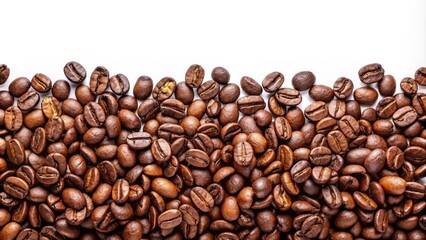 Obraz premium Roasted coffee beans forming a bottom border on a white background, perfect for coffee themed designs