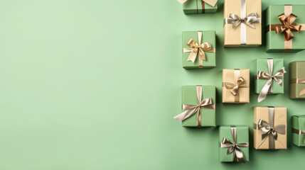 Fototapeta premium Top view of gifts, bows and Christmas decorations on a light green background