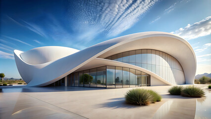 Fototapeta premium Modern architectural structure with a white facade and smooth, curved surfaces in a desert-like environment, modern, architecture