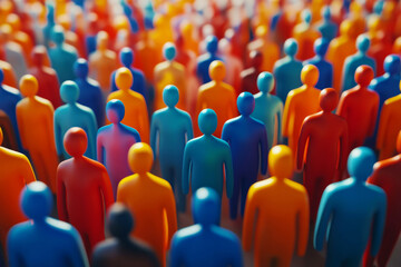 Colorful social media icons of people standing together. Crowd of abstract human figures. Concept of united and diversity