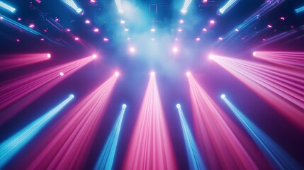 Bright, colorful stage lights beam down in a dynamic pattern, creating an energetic atmosphere perfect for performances or events.